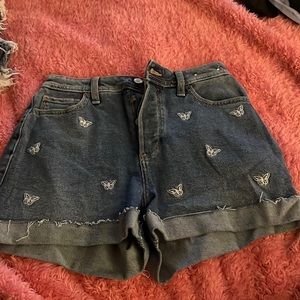 blue denim butterfly pattern shorts, size 27, thigh length, holister, never used